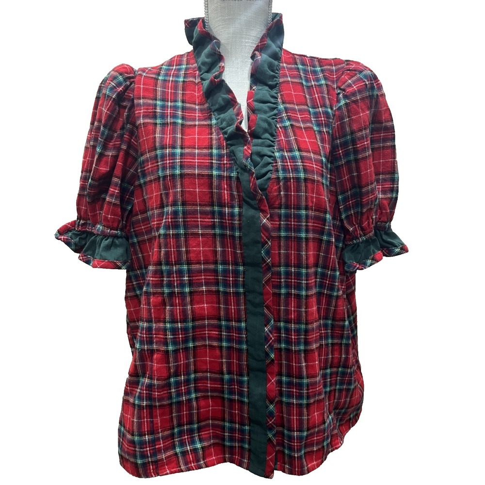 Entro Red & Green Tartan Plaid Ruffle Shirt Womens Size XL Christmas Holiday